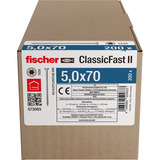 fischer Spanplattenschraube ClassicFast II 5,0x70 Senkkopf TX 200 Stück, mit Teilgewinde, verzinkt