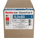fischer Spanplattenschraube ClassicFast II 6,0x80 Senkkopf TX 200 Stück, mit Teilgewinde, verzinkt