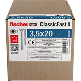 fischer Spanplattenschraube ClassicFast II 3,5x20 Senkkopf TX 1000 Stück, mit Vollgewinde, verzinkt